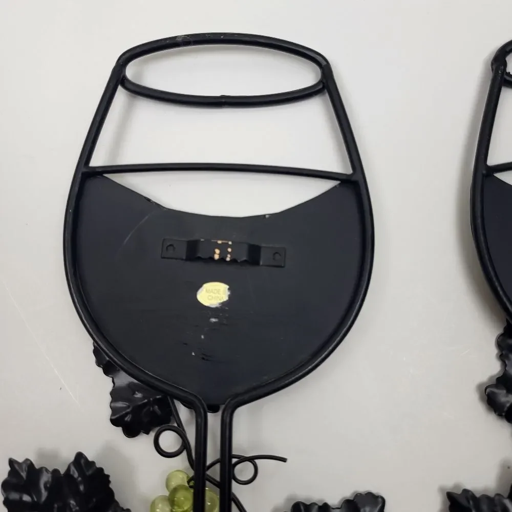 Metal Wine Glass Set, Hanging Wall Decor - Green, Black, Bronze, Leaves & Grapes